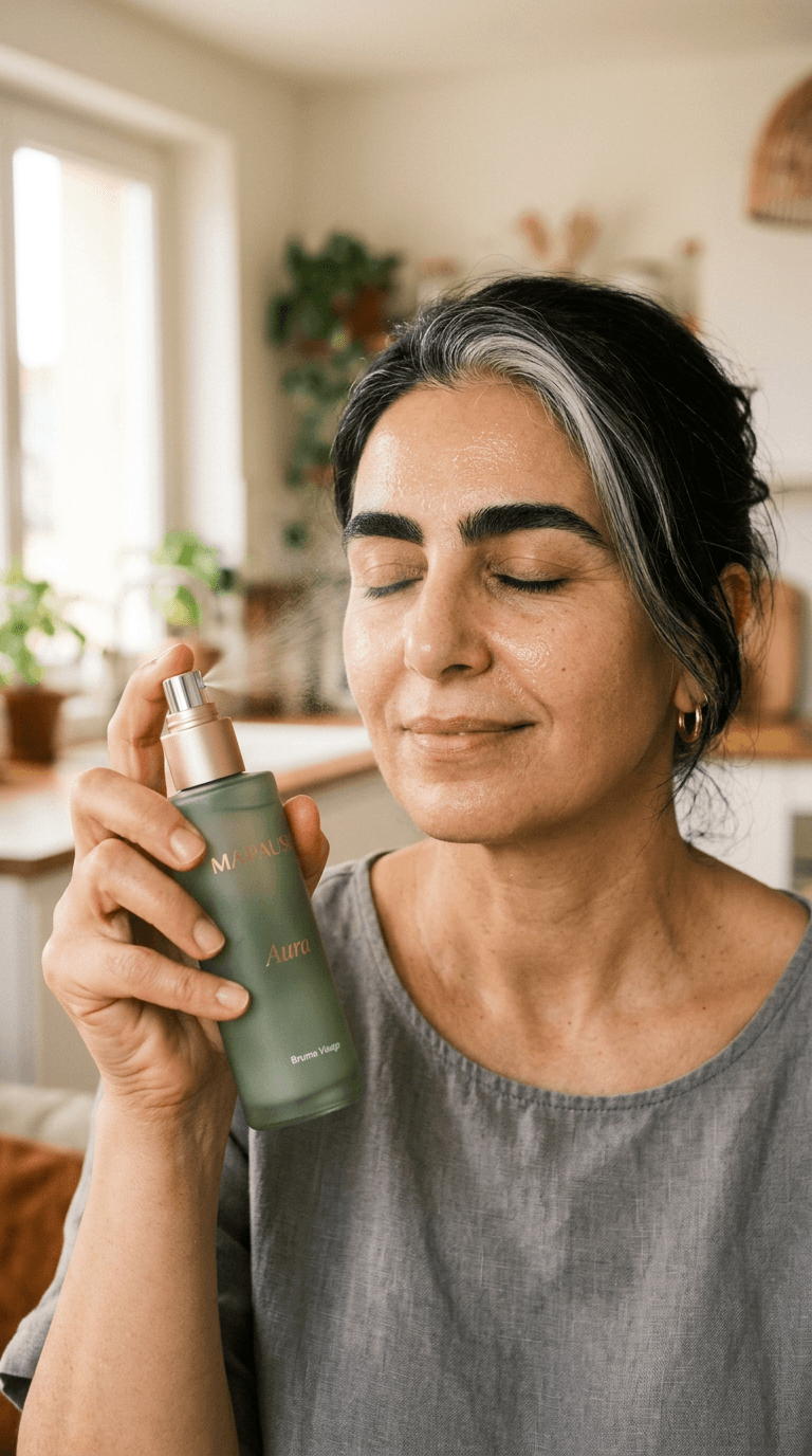 Femme utilisant la brume MAPAUSE, les yeux fermés, sereine